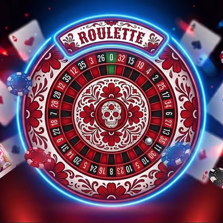 Vibrant Calavera Casino roulette wheel with glowing neon edges and a central decorative sugar skull motif.